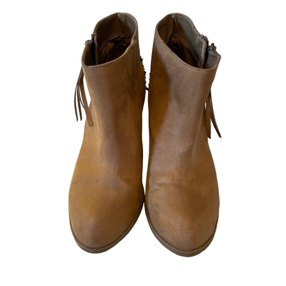 Camel Colored Faux Suede Ankle Boots w/ Side Zipper & Brass Toned Stud Accents.